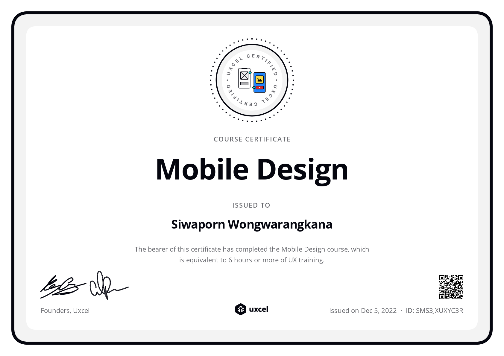 Siwaporn Wongwarangkana's certificate